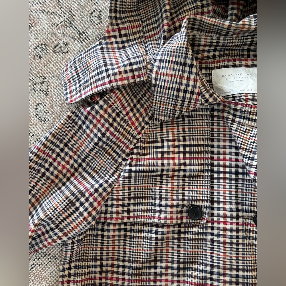 ZARA trench coat jacket plaid checkered hood S small Burberry style - Picture 5 of 11